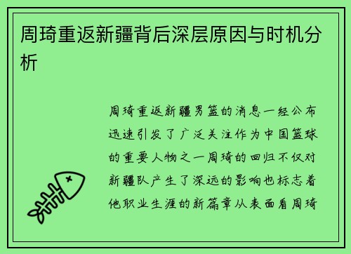 周琦重返新疆背后深层原因与时机分析 周琦重返新疆背后深层原因与时机分析