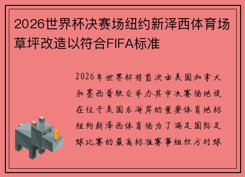 2026世界杯决赛场纽约新泽西体育场草坪改造以符合FIFA标准 2026世界杯决赛场纽约新泽西体育场草坪改造以符合FIFA标准