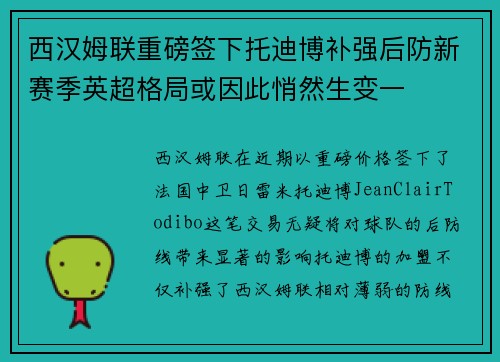 西汉姆联重磅签下托迪博补强后防新赛季英超格局或因此悄然生变一 西汉姆联重磅签下托迪博补强后防新赛季英超格局或因此悄然生变一